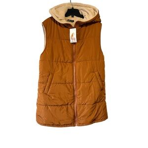 Pretty Garden Hooded Sleeveless Fleece Puffer Vest, With Pockets. Brown, size L.